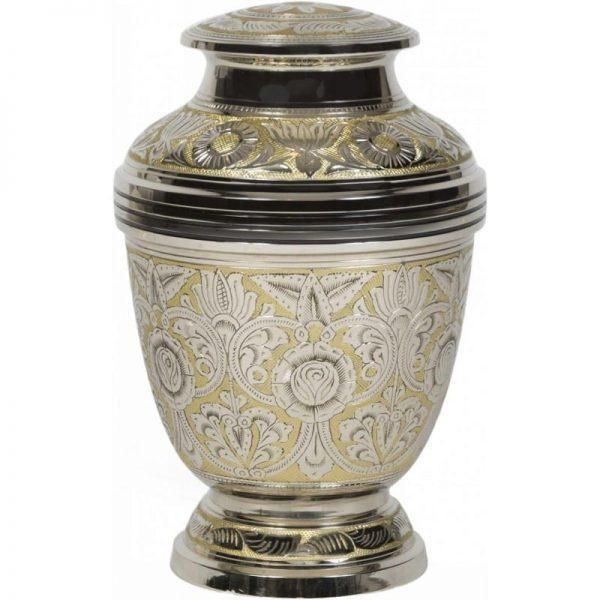 urne funéraire en laiton or et argent avec motifs décoratifs élégants gravés et dorés