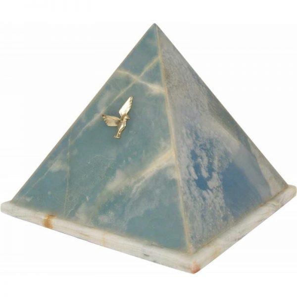 urne funéraire Pyramide en marbre onyx bleu avec ornements dorés offerts en option pour un hommage encore plus personnalisé